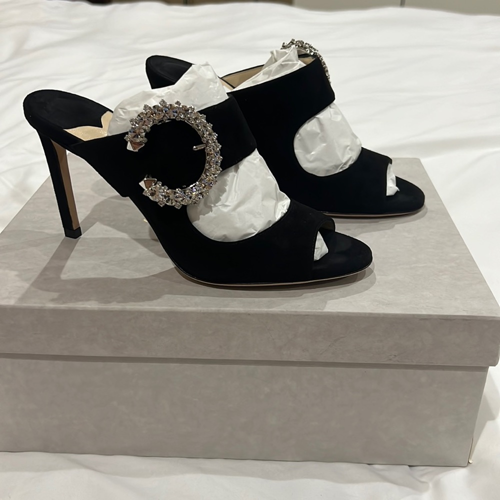 JIMMY CHOO black suede mules with crystal buckle. Size 37. NWT